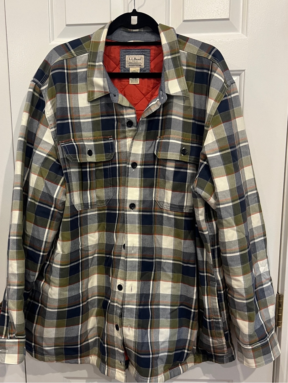L.L. Bean Olive, Navy & Cream Plaid Quilted-Lined Shirt Jacket